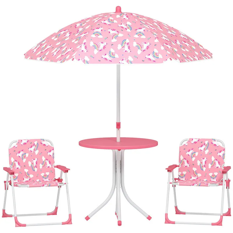 AIYAPLAY Conjunto de Mesa y Sillas Infantil de Jardín de 4 Piezas, Mesa Infantil con Sillas Plegables, Sombrilla Desmontable, Diseño de Unicornios y Arcoíris, para Patio, Pícnic, Rosa