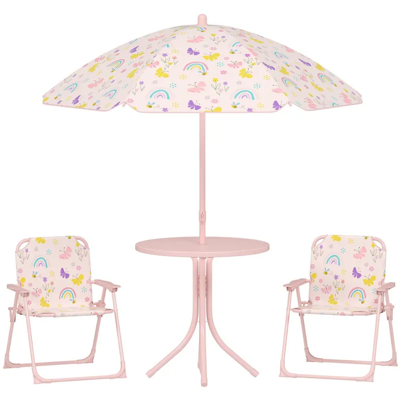 AIYAPLAY Conjunto de Mesa y Sillas Infantil de Jardín de 4 Piezas Mesa Infantil con Sillas Plegables Sombrilla Ajustable Diseño de Arcoíris para Patio Pícnic Rosa
