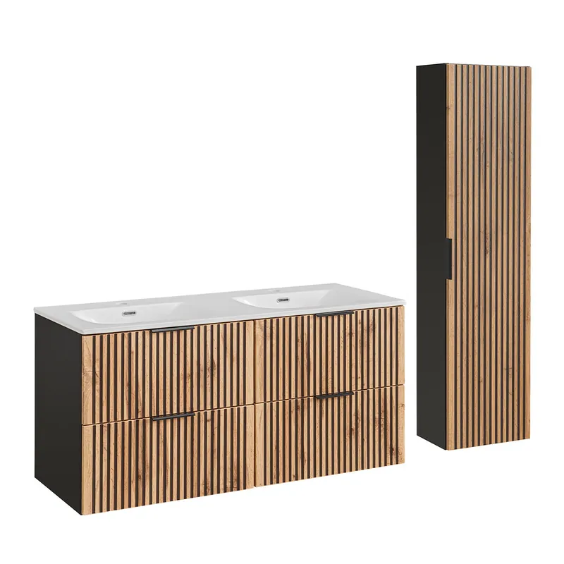 Conjunto mueble doble lavabo encastrado 120 cm y columna Gaia Madera - Baño