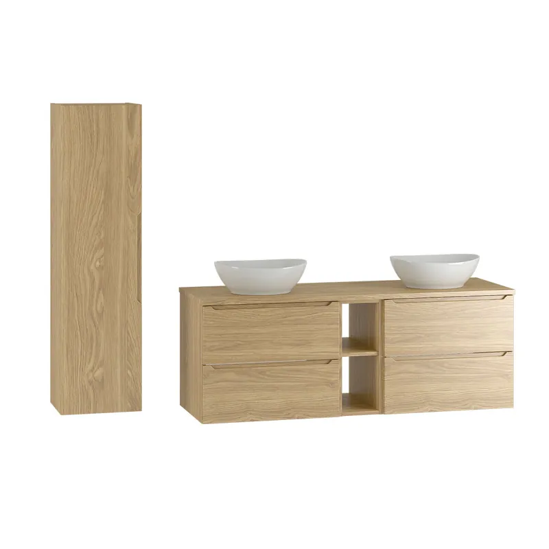 Conjunto mueble lavabo doble 140cm 2 compartimientos y columna Viggo Madera - Baño