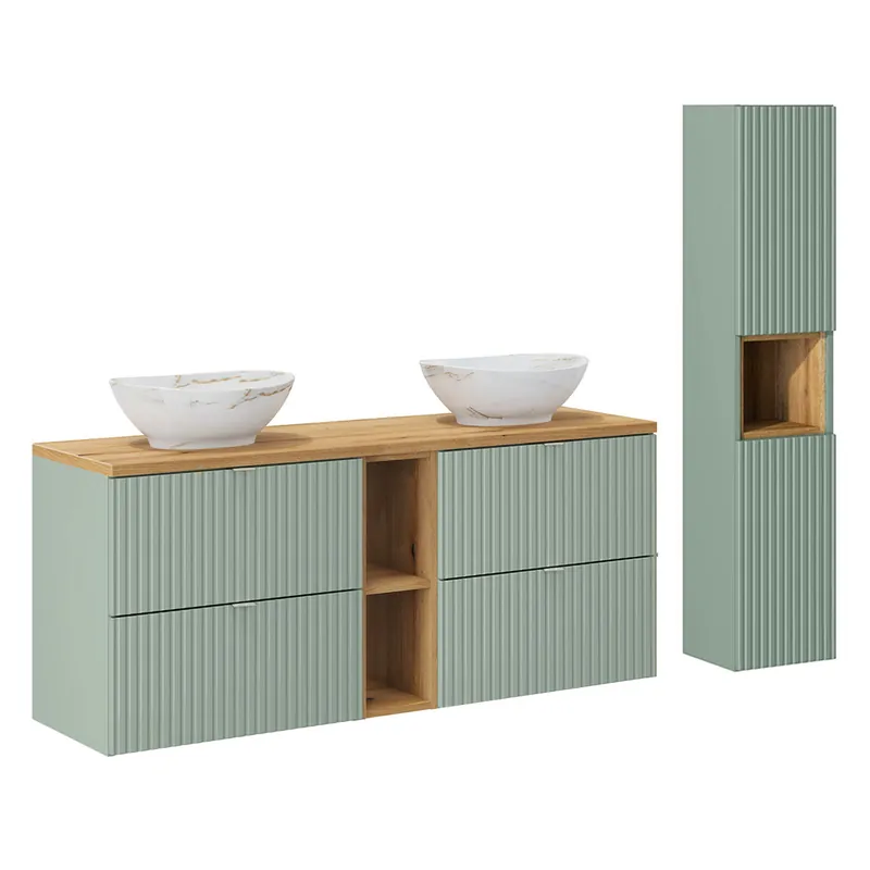 Conjunto mueble lavabo doble 140cm 4 cajones 2 compartimientos y columna Jade Verde y Madera - Baño