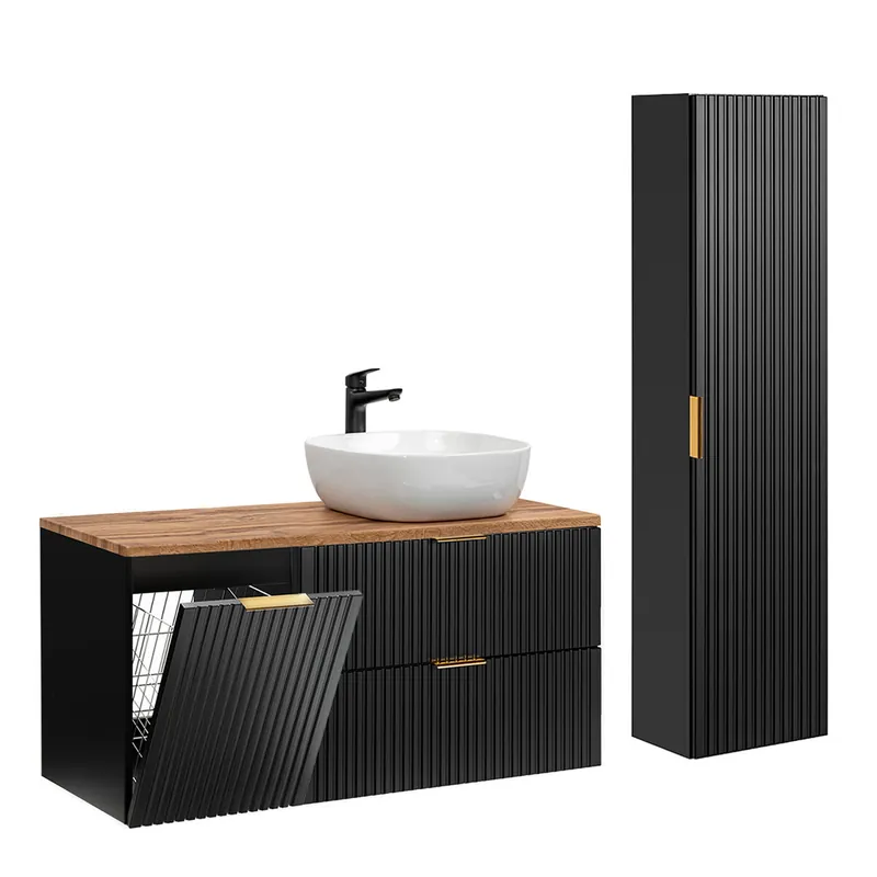Conjunto mueble lavabo individual 120cm cesto de ropa y columna Adriel Blanco - Baño