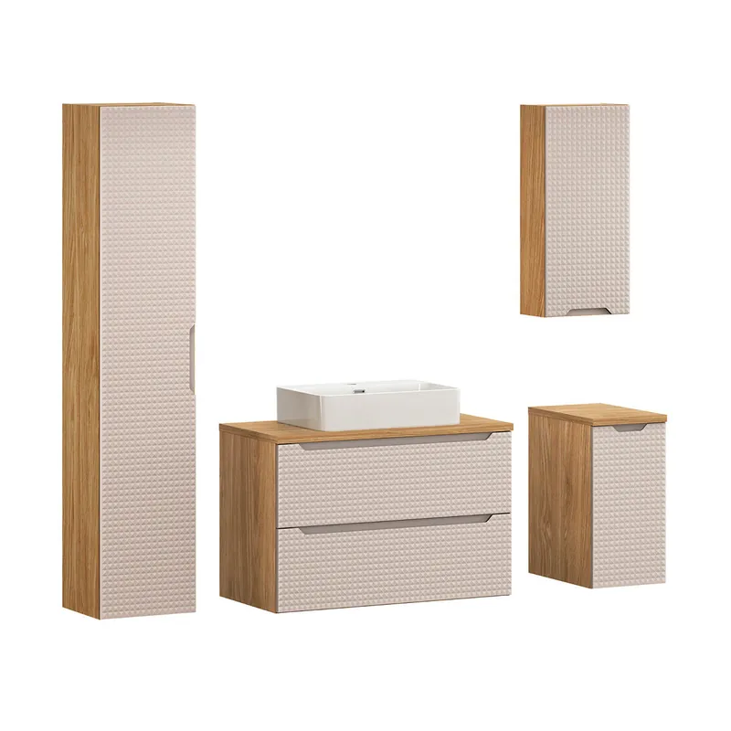 Conjunto mueble lavabo individual 90cm columna y 2 medias columnas Mallory Beige y madera - Baño