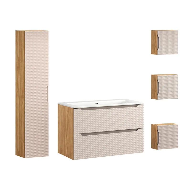 Conjunto mueble lavabo individual encastrado 90cm, columna y 3 armarios de pared Mallory Beige y madera - Baño