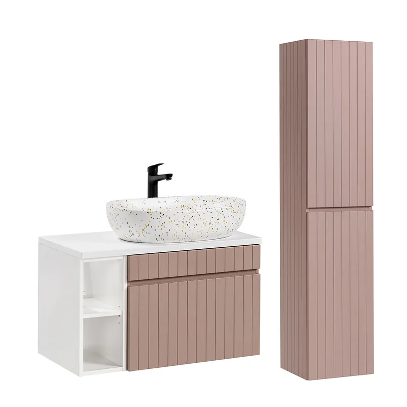 Conjunto mueble lavabo individual de 80 cm 2 nichos y columna Zelie Rosado y Blanco - Baño