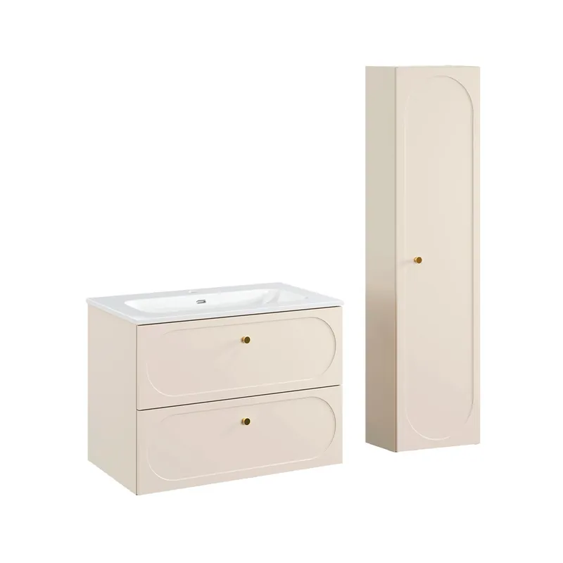 Conjunto mueble lavabo individual encastrado 80cm y columna Sanae Beige arena - Baño