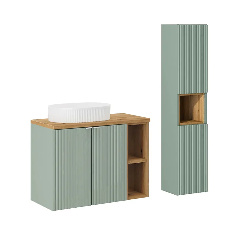 Conjunto mueble lavabo individual 80cm 2 puertas 2 compartimientos y columna Jade Verde y Madera - Baño