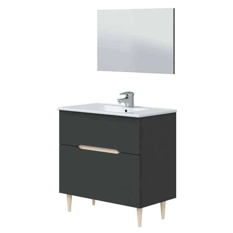 Conjunto de Muebles de Baño Moderno Lotto Color Gris Antracita y Roble (espejo+lavabo+columna suspendida)