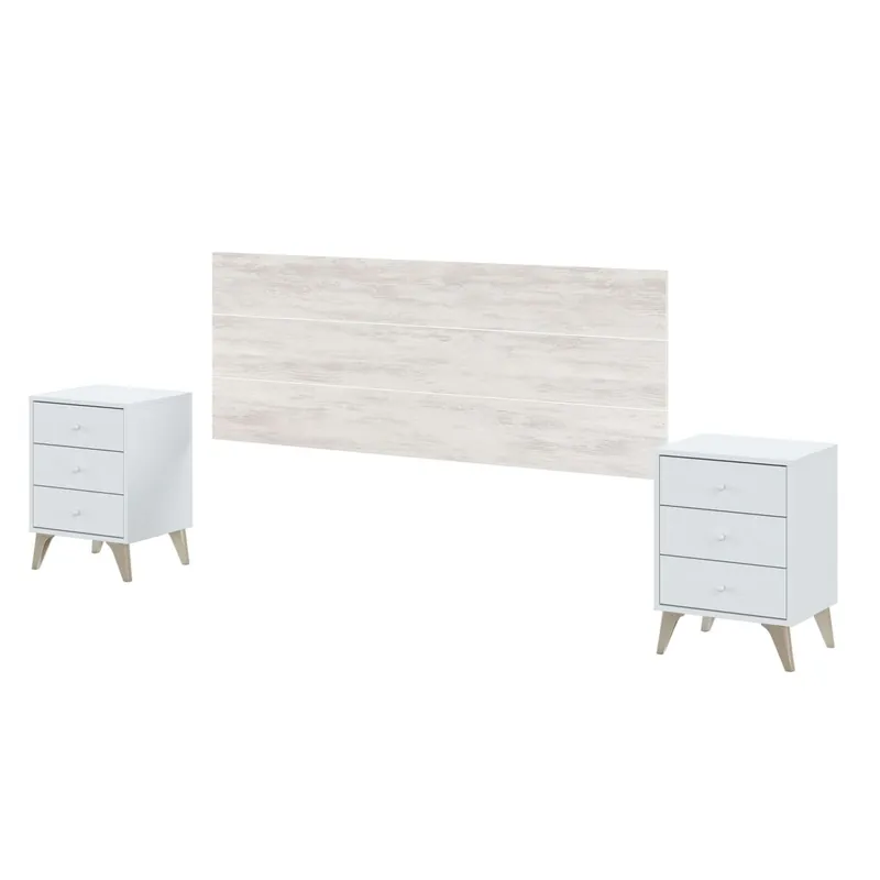 Conjunto Muebles Dormitorio Habitación Estilo Nórdico Blanco 150 cm (cabecero + 2 Mesitas + Cama + Cómoda) - Descanso