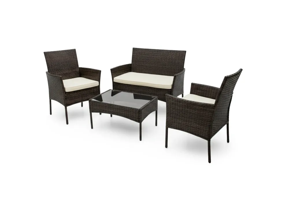 Conjunto Sofa + 2 Sillas + Mesa en Ratan PE. Muebles de Jardin y Terraza, Ratan Marron - Jardín
