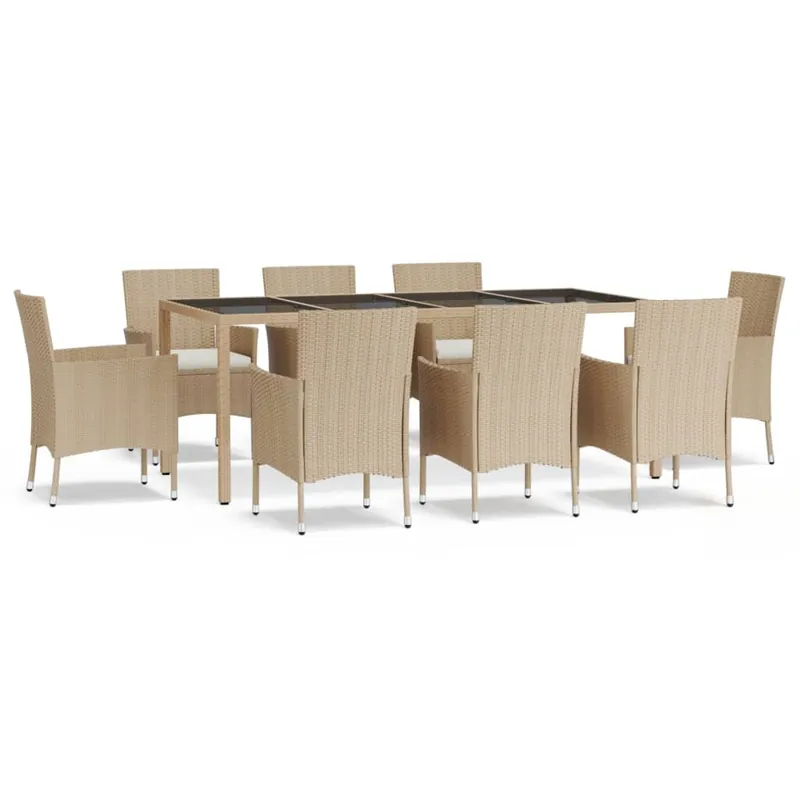 Set comedor de jardin 9 piezas con cojines ratán sintético beige - Jardín