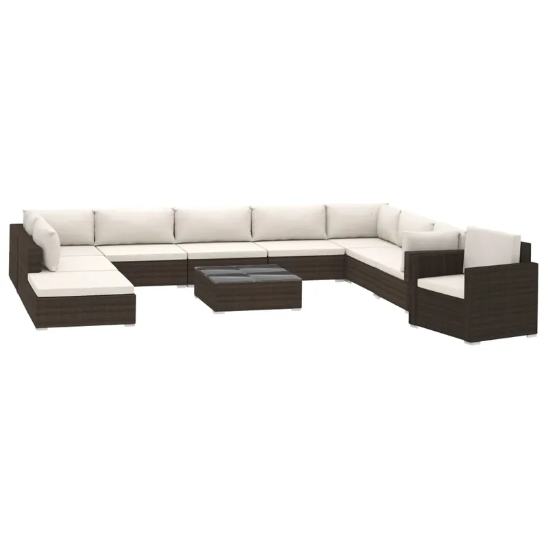 Set muebles de jardin 11 piezas con cojines ratán sintético marrón - Jardín