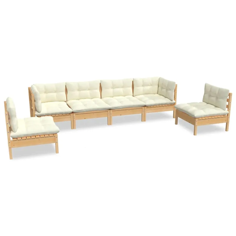 Muebles de jardin 6 piezas y cojines madera maciza de pino crema - Jardín