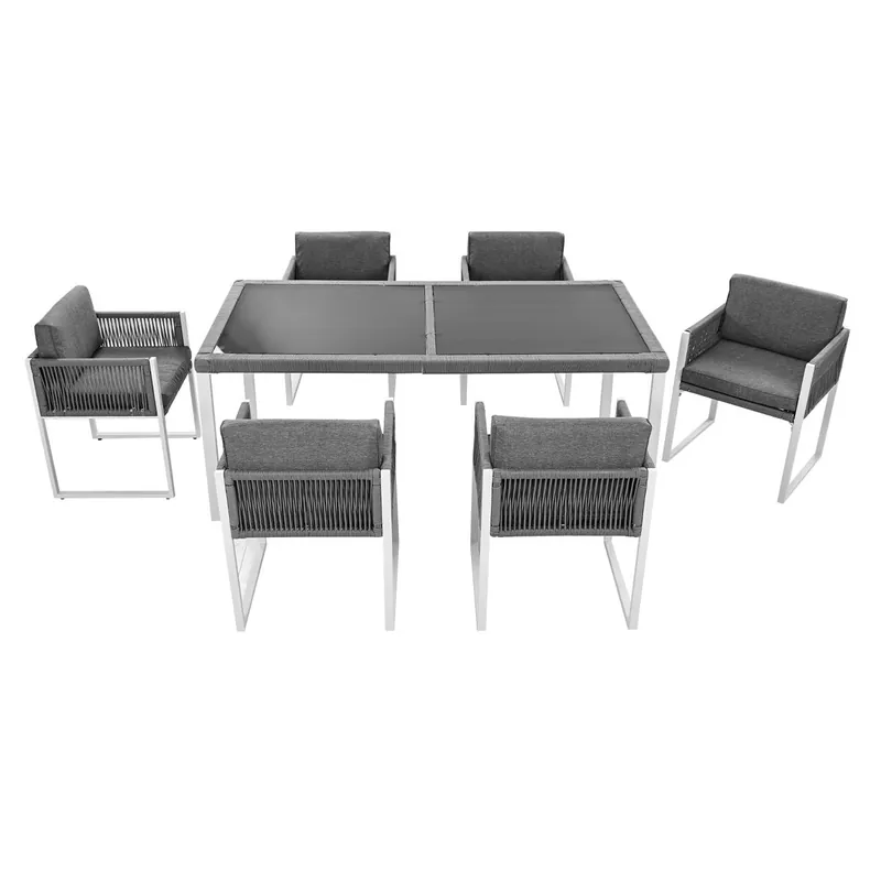 Grupo de comedor exterior 6 personas - Sillas con cojines, funda de tela removible y lavable - Gris, Blanco