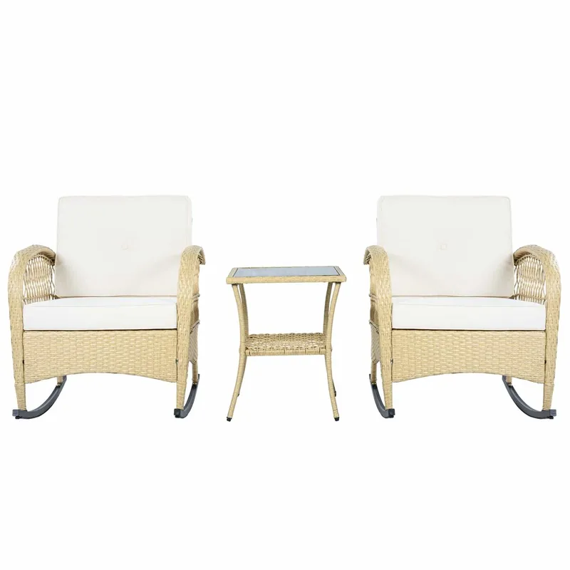Conjunto de mimbre para balcón 3 piezas - Silla columpio con cojines, capacidad 160 kg - Beige