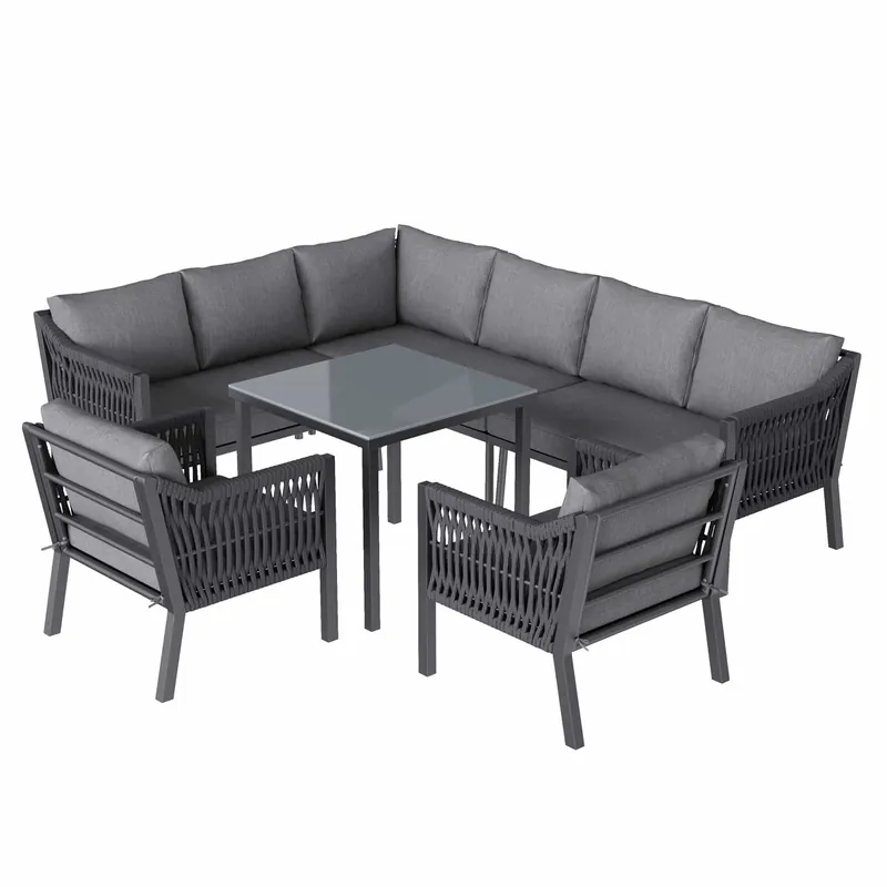 Conjunto de comedor de jardín 8 personas - disposición en esquina, hierro galvanizado, mesa con tablero de cristal, set de cuerda trenzada a mano, incluye mesa de comedor, dos sillones y sofá esquinero - Gris