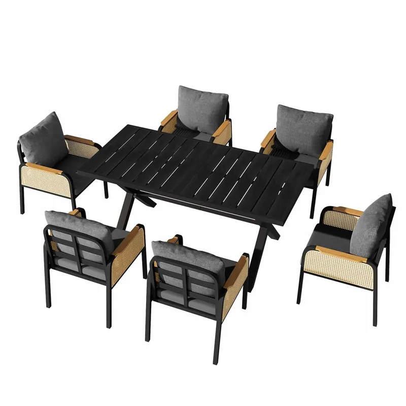 Conjunto de sofá de jardín moderno - estructura de hierro, reposabrazos trenzados, incluye cojines, set para ocio y reuniones - Negro y Natural