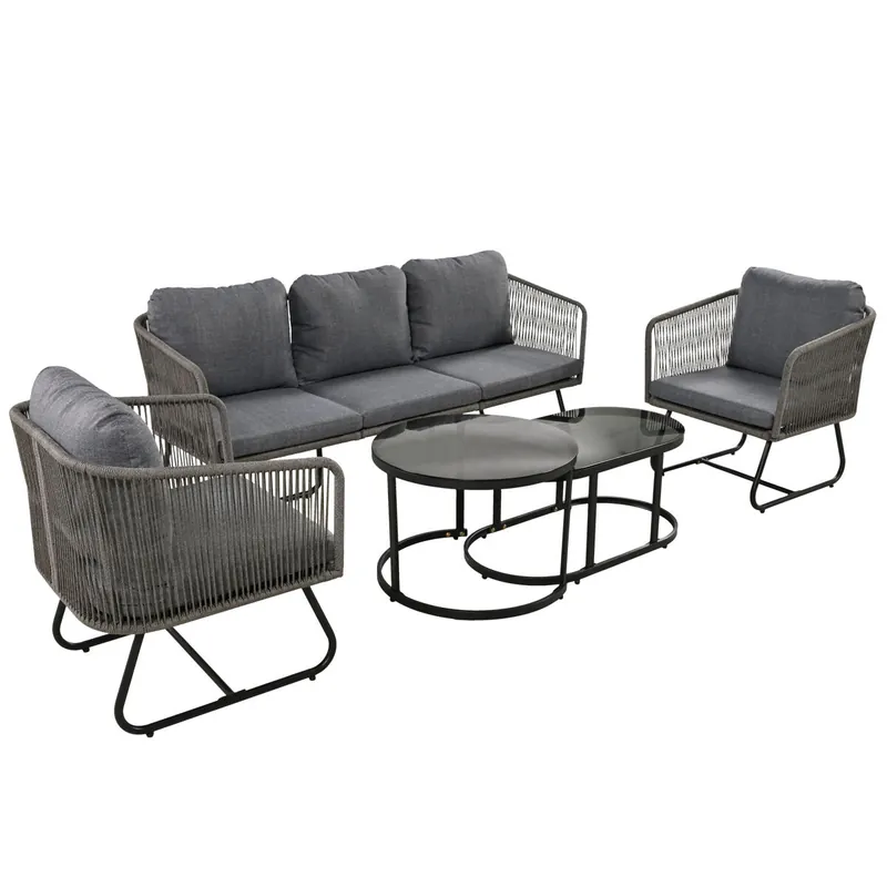 Conjunto Lounge jardín 5 piezas - Marco de hierro galvanizado, muebles de jardín de cuerda, pies ajustables, mesa de vidrio liso - Gris