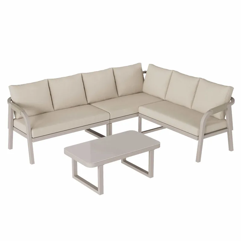 Conjunto de muebles de jardín - 6 plazas - Esquina, respaldo y brazos trenzados, estructura de acero galvanizado, incluye sofá y mesa de café - Beige