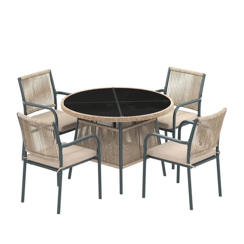 Conjunto jardín 4 plazas - mesa redonda de vidrio y 4 sillones de ratán - gris