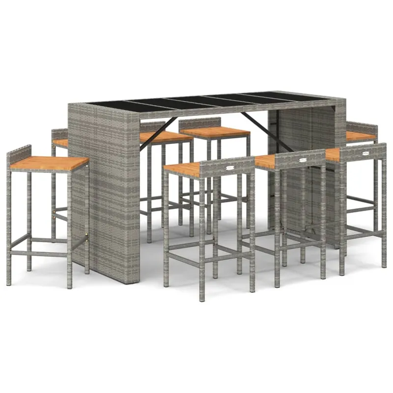 Mesa bar y taburetes jardin 9 piezas madera acacia ratán PE gris - Jardín