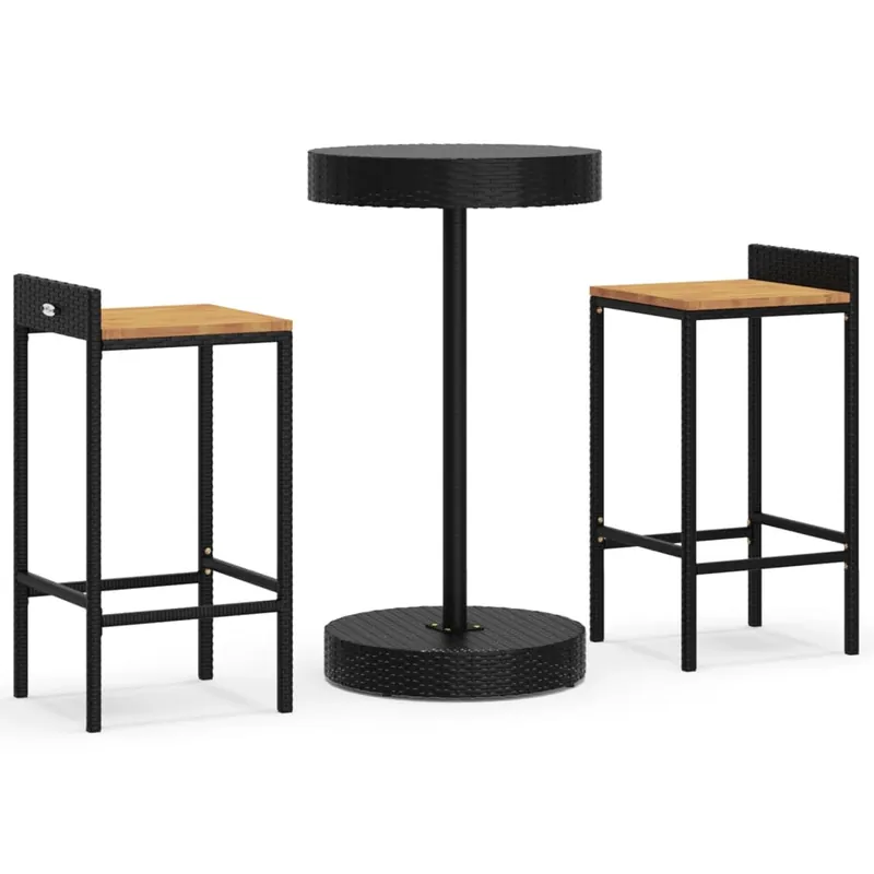 Mesa bar y taburetes jardin 3 piezas madera acacia ratán PE negro - Jardín