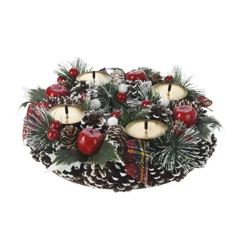 Well Home Corona con Candelabr de Adviento en diseño Redondo con Piñas y detalles Rojo 8x27cm - Decoración