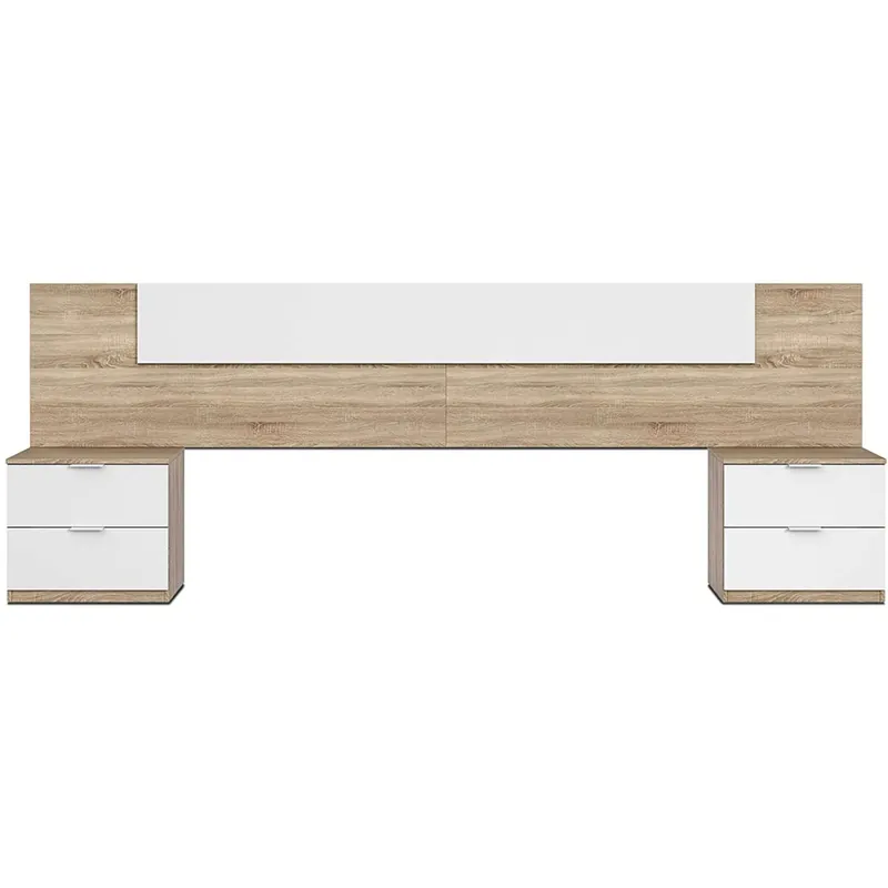Pack Dormitorio Matrimonio Completo en Blanco y Roble Canadian (cama + armario + cabezal con mesitas + zapatero) - Descanso