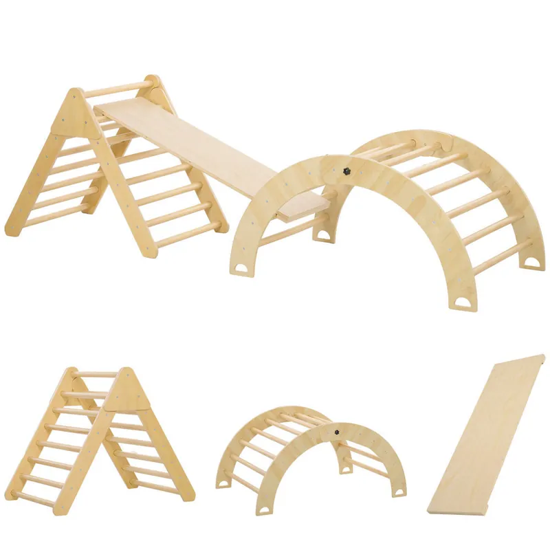 AIYAPLAY Triángulo de Escalada de Madera 4 en 1 Montessori Escalada para Niños de 18-48 Meses con Rampa Escalador de Arco para Deslizarse o Escalar 219x72,5 cm Natural