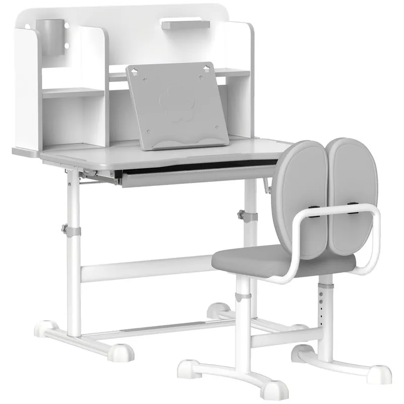 AIYAPLAY Juego de Escritorio y Silla para Niños de +3 Años, Pupitre Infantil Altura Ajustable con Tablero Inclinable, Cajón y Estantes, Respaldo Acolchado, para Libros, 80x55x107,5 cm, Gris - Muebles