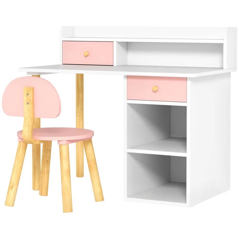 AIYAPLAY Juego de Escritorio y Silla para Niños de +3 Años Pupitre Infantil con Cajones Compartimento y Estantes para Dormitorio Sala Estudio Rosa y Blanco - Muebles