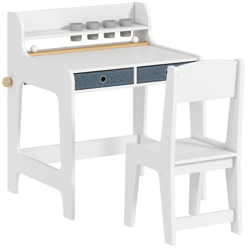 AIYAPLAY Escritorio Infantil con Silla, Pupitre Infantil con 2 Cajones Extraíbles, Estante y Portavasos, para Estudiar, Leer y Dibujar, Mesa para Niños para Dormitorio, Sala Estudio, Blanco - Muebles