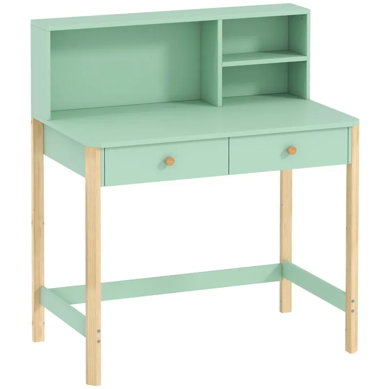 AIYAPLAY Escritorio Infantil, Mesa de Escritorio para Niños con 3 Compartimentos Abiertos y 2 Cajones, Patas de Madera, para Estudio, Entrada, Dormitorio, para Niños de 5-12 Años, 90x52x105 cm, Verde