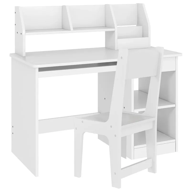 ZONEKIZ Juego de Escritorio y Silla para Niños de +5 Años Pupitre Infantil con 2 Cajones y Compartimento para Dormitorio Sala Estudio Blanco - Muebles