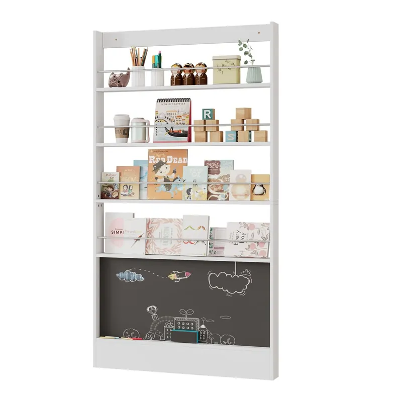 Estantería infantil 100x10x180 cm - 4 niveles, protector anticaídas, tras puerta - Blanco