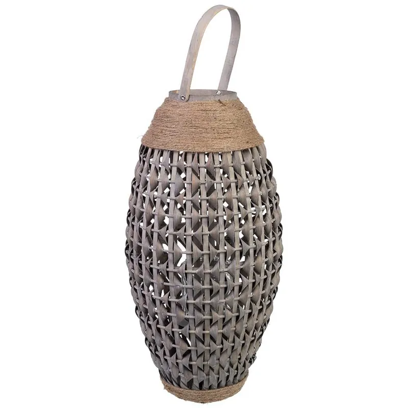 Farol bambú y madera con recipiente de cristal para vela - Decoración