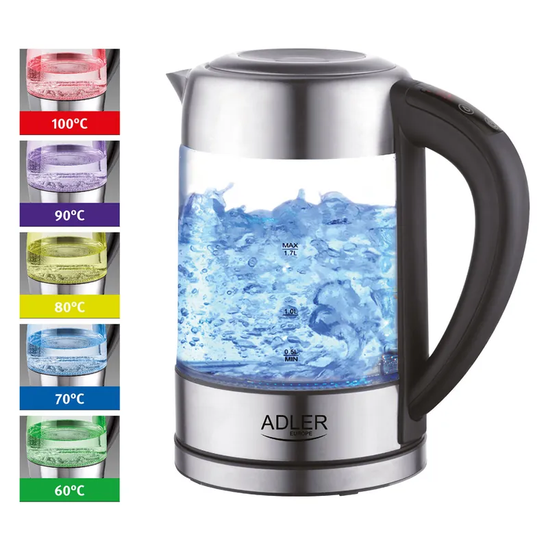 Adler AD 1247 Hervidor Agua Eléctrico, 1,7 L, Jarra Cristal, Regulador Temperatura, Resistencia Oculta, 2200, Transparente - Electrodomésticos