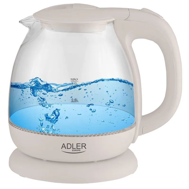Adler AD1283C Hervidor Agua Eléctrico 1 Litro Jarra Cristal Inalámbrica Retroiluminada, Apagado Automático, 1100, Crema - Electrodomésticos