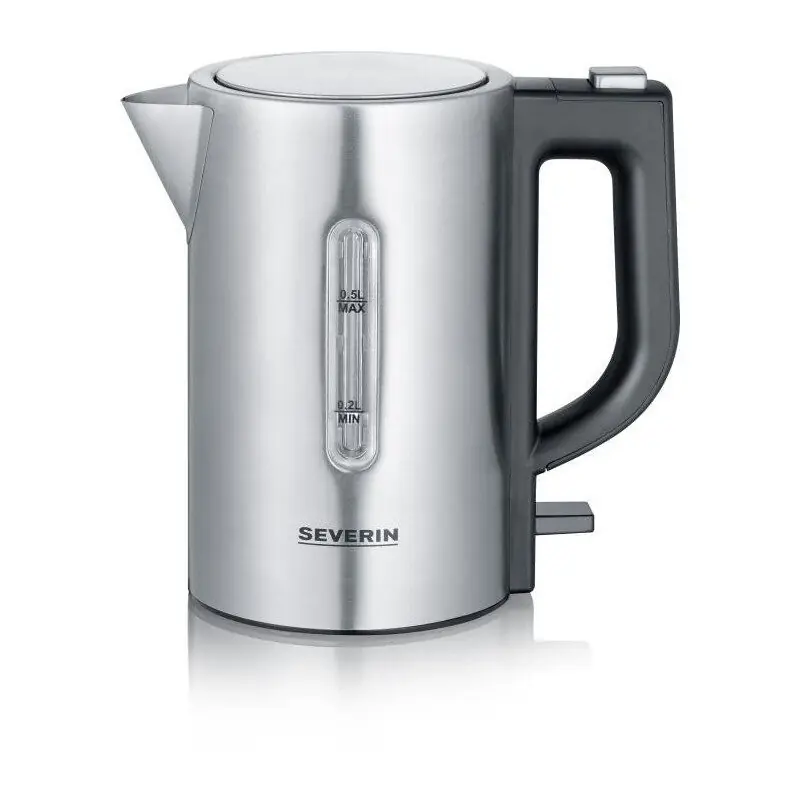 SEVERIN - Hervidor de agua de viaje, 0.5 L, 1.100 W, tensión conmutable 115/230 voltios, 2 tazas de plástico y 2 cucharas, Acero Inoxidable Cepillado, Negro WK 3647