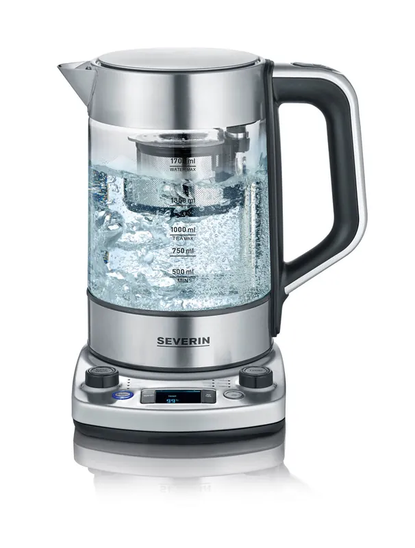 SEVERIN - Hervidor de té y agua de cristal con elevación automática, 1.7 L, 3000 W, Elemento calefactor oculto por placa de acero inoxidable, acero inoxidable y cristal, WK 3422