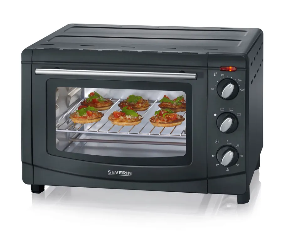 SEVERIN Horno tostador con 4 posiciones, mini horno eléctrico de calentamiento rápido, horno pequeño para pizzas, asados, pasteles y más, 1500 W, 20 L, negro, TO 2067 - Electrodomésticos