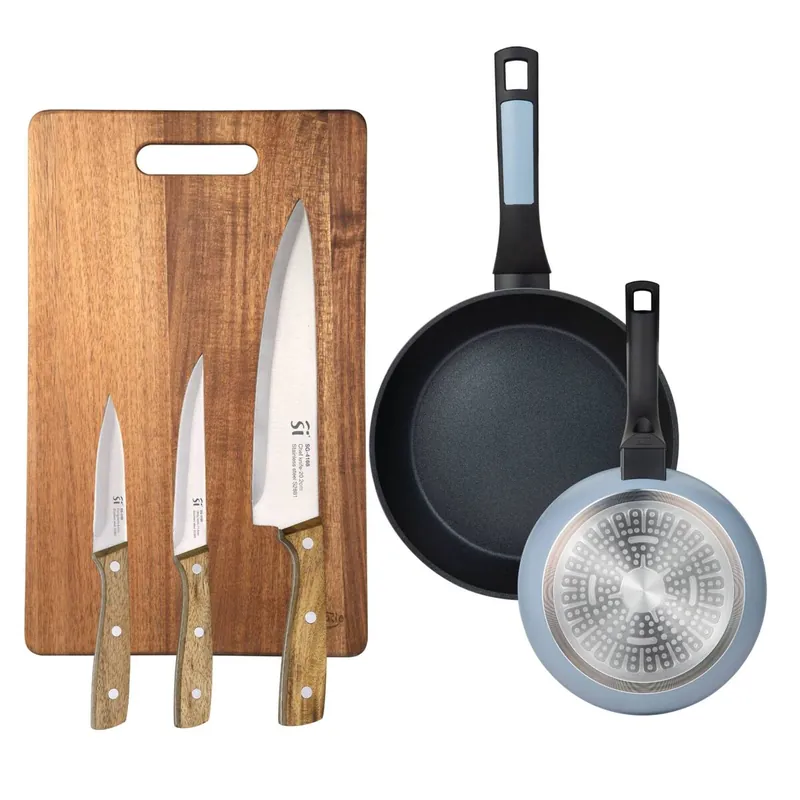 Juego 2 Sartenes de Ø20Ø26cm Aluminio prensado con 3 Cuhillos en acero inoxidable y Tabla de corte 40x25cm NOIA San Ignacio - Cocina