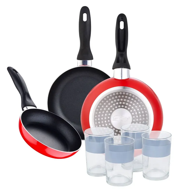 Juego de 3 sartenes San Ignacio 16/20/24 cm +Juego de 4 Vasos de 0,5L - Cocina