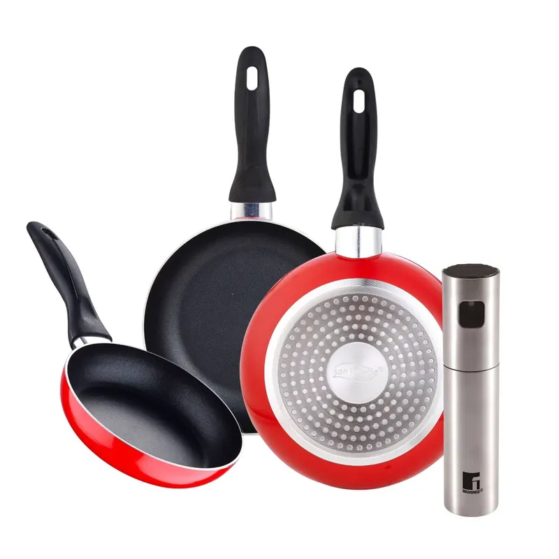 Juego de 3 sartenes San Ignacio 16/20/24 cm +Pulverizador de Aceite y vinagre Ø4x17,5cm en acero inoxidable - Cocina