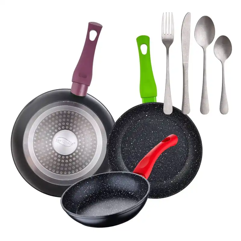Juego de 3 sartenes San Ignacio 18/22/26 cm+Set de 16 Cubiertos en Acero Inoxidable - Cocina