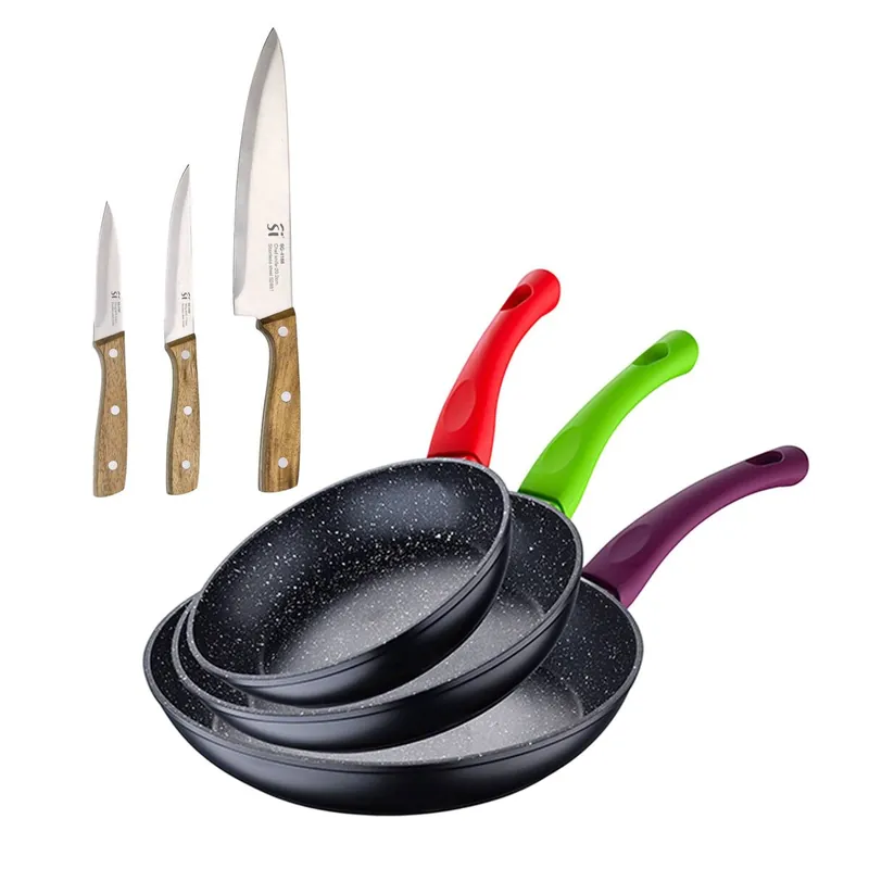 Juego de 3 sartenes San Ignacio 18/22/26 cm+Set de 3 cuchillos de acero inoxidable para cocina