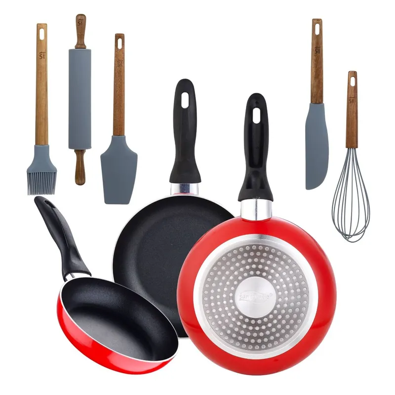 Juego de 3 sartenes San Ignacio 16/20/24 cm +Set de 5 Utensilios de Cocina de Silicona y Madera de Acacia