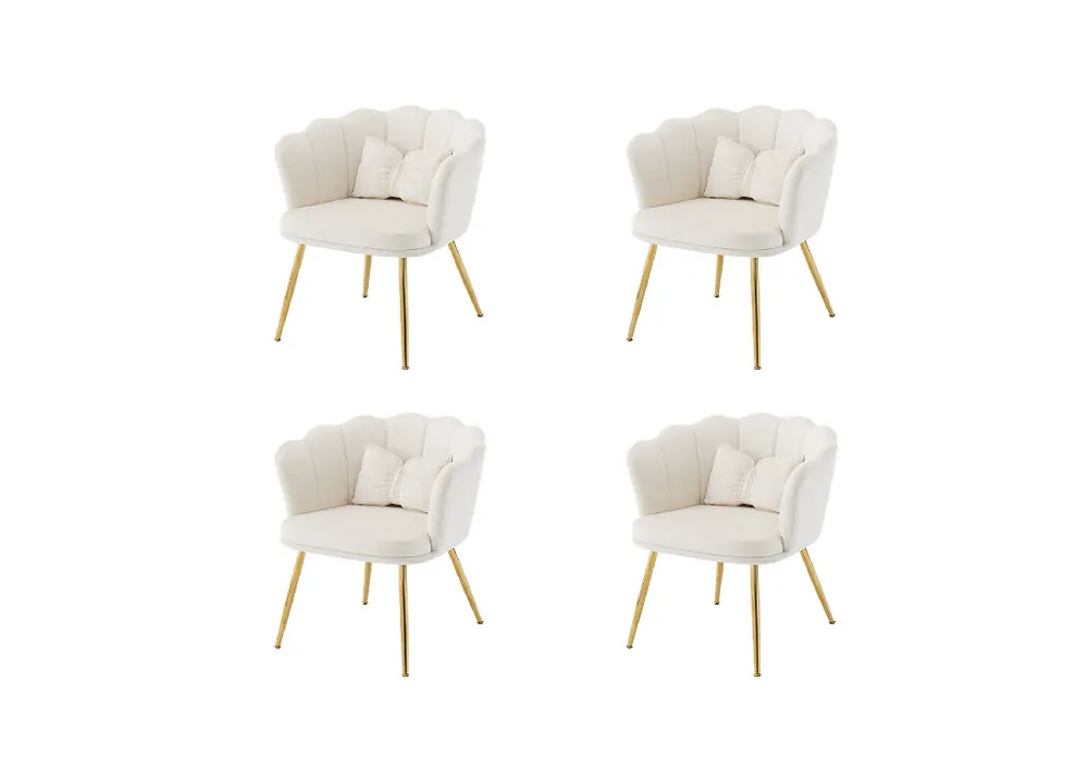 Juego de 4 sillónes de terciopelo con cojín de mariposa,respaldo de pétalos y patas de metal dorado,blanco - Sofás sillones puffs