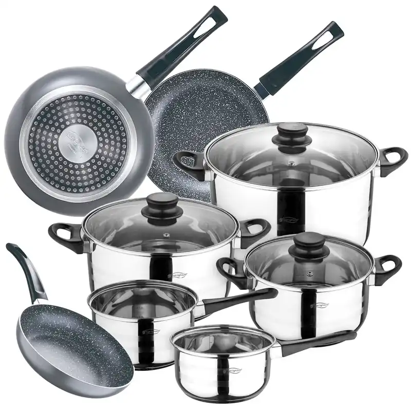 Juego de batería de cocina de 8pc + set 3 sartenes (16x20x24cm) aluminio prensado soul marble