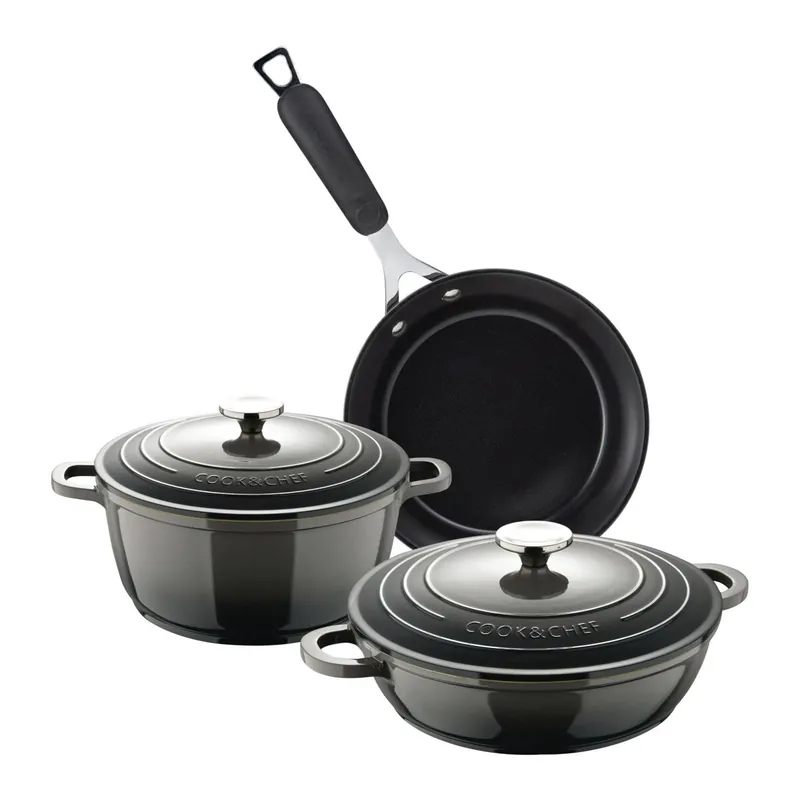 Juego de Cacerola de Ø20cm - 2,4L y Cacerola baja de Ø24cm - 2,3L en aluminio + Sartén Ø24cm aluminio forjado EXCALIBUR Bergner